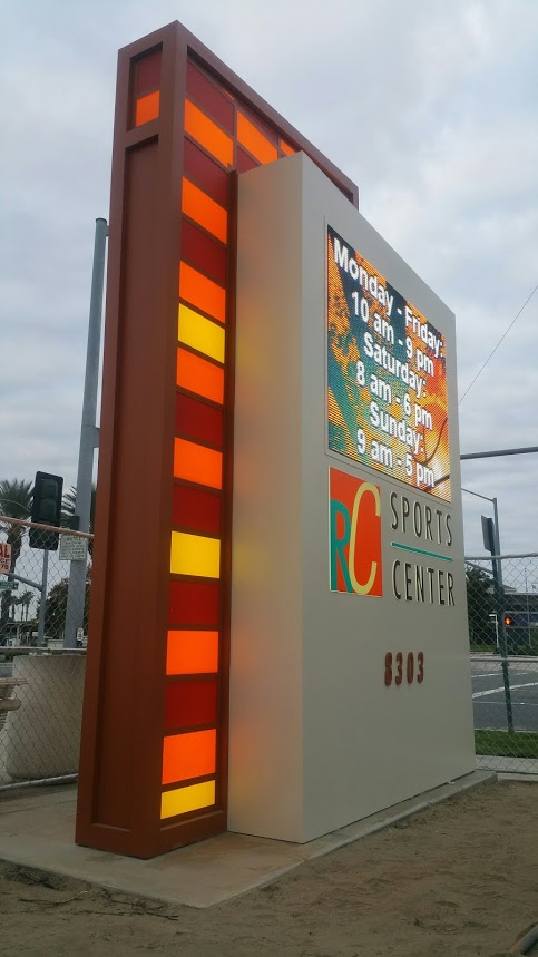 Side profile of the light-up signage for RC Sports Center