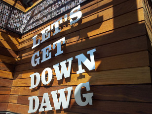 Signage lettering that says “Let’s Get Down Dawg”